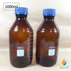 Chai trung tính 1000ml màu nâu hổ phách, nắp vặn xanh, chịu nhiệt