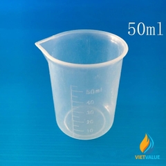 Ca đong hóa chất, bằng nhựa, có chia vạch, không có quai, có mỏ, 50ml