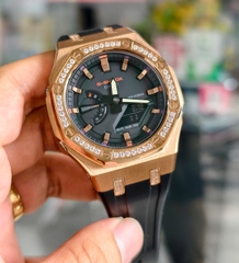 G-Shock GA-2100FR-5A AP Custom Rose Gold Viền Đá x Dây nhựa đen