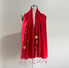 Khăn Lụa Tơ Tằm vẽ hoa cỏ mẫu 23 (màu đỏ)