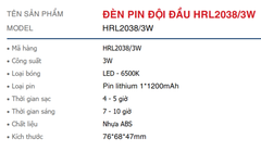 Đèn pin sạc đội đầu Roman HRL2038/3W - sáng liên tục 10 giờ