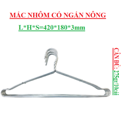 Mắc nhôm treo quần áo có ngấn nông 275gr lố10 cái L*H*S (420*180*3)mm