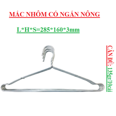 Mắc nhôm treo quần áo ngấn nông 135gr lố10 cái L*H*S (285*165*3)mm