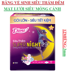 Băng vệ sinh super night Diana siêu thấm đêm có cánh 29cm 12 miếng