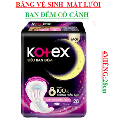 Băng vệ sinh siêu ban đêm mặt lưới mềm hóa có cánh kotex 4 miếng 28cm
