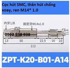 Cọc hút chống xoay SMC, thân hút INox bắt núm hút ZP, cọc hút ZPT chống xoay.