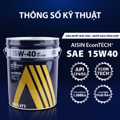 Dầu Nhớt Bán Tổng Hợp AISIN Econtech+ CF4/SG 15W40 20 Lít ECSF154PL - Nhập Khẩu Chính Hãng
