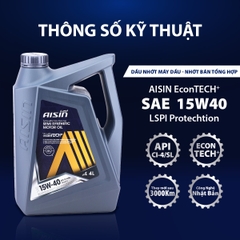 Dầu Nhớt Bán Tổng Hợp AISIN Econtech+ CI4/SL 15W40 4 Lít ECSI1544P - Nhập Khẩu Chính Hãng