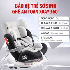 Ghế An Toàn Cho Trẻ Em QM-360A ISOFIX + Xoay 360° Thông Minh + Khoá An Toàn 5 Điểm Phiên Bản Hiện Đại Màu Xám Sang Trọng - Nhập Khẩu Chính Hãng
