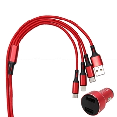 Bộ Sạc Điện Thoại 2 Cổng USB Và Cáp Sạc 3 Đầu Lightning/Micro USB/Type C CIND C74 Màu Đỏ - Nhập Khẩu Chính Hãng