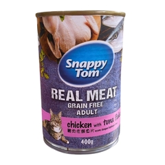 Pate lon 400g Snappy Tom Real Fish chicken with tuna flakes gà và cá ngừ xé cho mèo https://petshopvinh.vn/