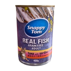 Pate lon 400g Snappy Tom Real Fish tuna with sardine chunk cá ngừ và cá trích cắt khúc cho mèo https://petshopvinh.vn/