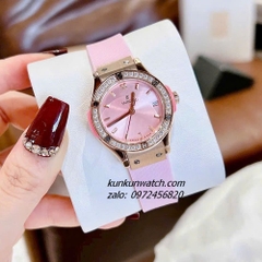 Đồng Hồ Nữ Hublot Đính Đá, Khảm Trai, Lịch Ngày Dây Silicone Hồng Rose Gold 30mm 1