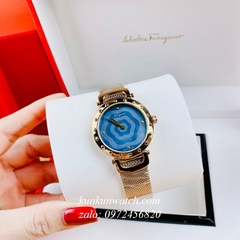 Đồng Hồ Nữ Salvatore Ferragamo Style Dây Mesh Vàng Hồng Mặt Xanh 34mm