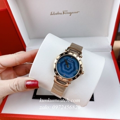 Đồng Hồ Nữ Salvatore Ferragamo Style Dây Mesh Vàng Hồng Mặt Xanh 34mm