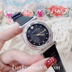 Đồng Hồ Nữ Versace V-Motif Vintage Logo - Dây Da Đen Mặt Đen Vỏ Bạc - 35mm