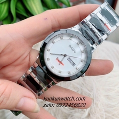 Đồng Hồ Cặp Đôi Nam Nữ Rado Đính Đá 12 Mốc Giờ, 2 Lịch Dây Đá Ceramic Đen Silver 40mm - 32mm