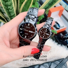 Đồng Hồ Cặp Đôi Nam Nữ Rado Jubile Đính Đá 3 Mốc Giờ, 2 Lịch Dây Đá Ceramic Đen 38mm - 24mm