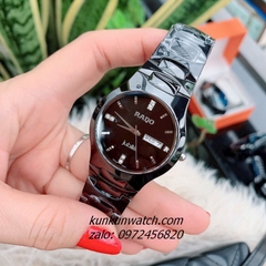 Đồng Hồ Cặp Đôi Nam Nữ Rado Jubile Đính Đá 3 Mốc Giờ, 2 Lịch Dây Đá Ceramic Đen 38mm - 24mm