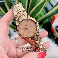 Đồng Hồ Cặp Đôi Nam Nữ Rado Jubile Đính Đá 3 Mốc Giờ, 2 Lịch Dây Đá Ceramic Vàng 38mm - 24mm