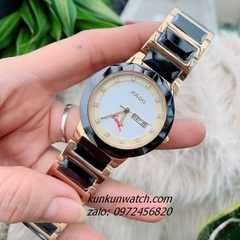 Đồng Hồ Cặp Đôi Nam Nữ Rado Đính Đá 12 Mốc Giờ, 2 Lịch Dây Đá Ceramic Đen Gold 40mm - 32mm