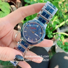 Đồng Hồ Cặp Đôi Nam Nữ Rado Đính Đá 6 Mốc Giờ, 2 Lịch Dây Đá Ceramic Xanh Silver 40mm - 32mm