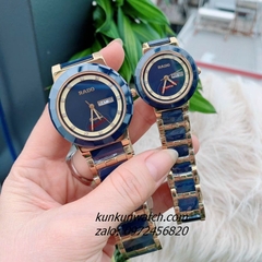 Đồng Hồ Cặp Đôi Nam Nữ Rado Đính Đá 12 Mốc Giờ, 2 Lịch Dây Đá Xanh Gold 40mm - 32mm