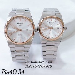 Đồng Hồ Cặp Đôi Tissot 1853 PRX Silver Viền Rose Gold Lịch Ngày 40mm - 34mm 1