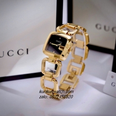 Đồng Hồ Nữ Gucci G - Gucci Nền Mặt Đen, Đính Đá, Dáng Lắc Tay 2 Kim Gold 26mm