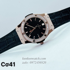 Đồng Hồ Nam Hublot Automatic Viền Đá Vuông Dây Da Vân Silicone Đen Rose Gold 42mm