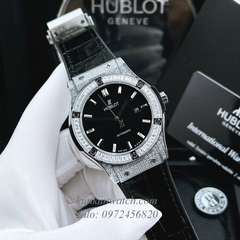 Đồng Hồ Nam Hublot Automatic Viền Đá Vuông Full Vỏ Dây Da Vân Silicone Đen Silver 42mm