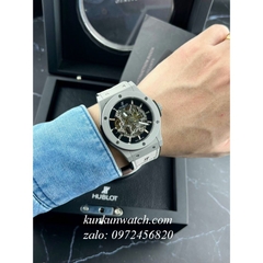 Đồng Hồ Nam Hublot Automatic Lộ Cơ Dây Da Silicone Xám 42mm