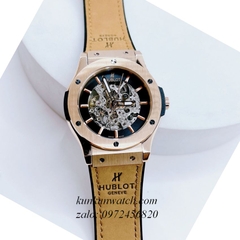 Đồng Hồ Nam Hublot Automatic Lộ Cơ Dây Da Silicone Nâu Rose Gold 42mm