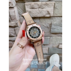 Đồng Hồ Nam Hublot Automatic Lộ Cơ Dây Da Silicone Nâu Rose Gold 42mm