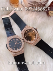 Đồng Hồ Nam Hublot HLD062 - Quartz - Dây Da Đen Vỏ Vàng Hồng -  42mm