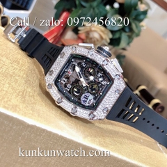 Đồng Hồ Nam Richard Miller - Vỏ Bạc Đính Hạt - Dây Cao Su Đen - Quartz - 42mm