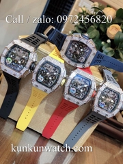 Đồng Hồ Nam Richard Miller - Vỏ Bạc Đính Hạt - Dây Cao Su Đen - Quartz - 42mm