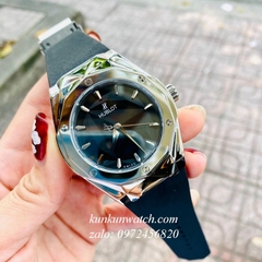 Đồng Hồ Nam Hublot Geneve Automatic Nền Mặt Số Phá Cách Dây Đen Vỏ Bạc 44mm