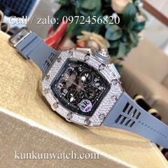 Đồng Hồ Nam Richard Miller - Vỏ Bạc Đính Hạt - Dây Cao Su Xám - Quartz - 42mm