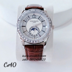 Đồng Hồ Nam Patek Philippe Automatic Đính Pha Lê Vuông 04 Lịch Nâu Silver 40mm 1