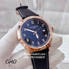 Đồng Hồ Nam Patek Philippe Geneve Automatic Nền Mặt Trắng Vân Cát Dây Da Xanh Rose Gold 40mm 1