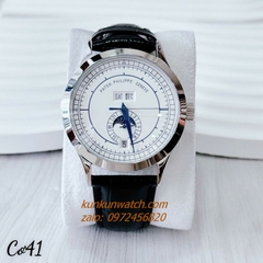 Đồng Hồ Nam Patek Philippe Automatic Đánh Dấu Phút, 4 Lịch Dây Da Đen Mặt Trắng Silver 41mm 1