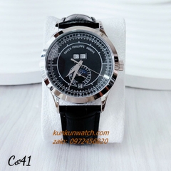 Đồng Hồ Nam Patek Philippe Automatic Đánh Dấu Phút, 4 Lịch Dây Da Đen Silver 41mm