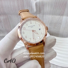 Đồng Hồ Nam Patek Philippe Geneve Automatic Nền Mặt Trắng Vân Cát Dây Da Nâu Rose Gold 40mm 1