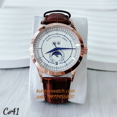 Đồng Hồ Nam Patek Philippe Automatic Đánh Dấu Phút, 4 Lịch Dây Da Nâu Mặt Trắng Demi 41mm 1