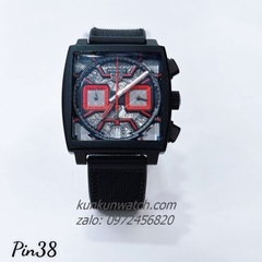 Đồng Hồ Nam Tag Heuer Monaco Chronograph Lộ Máy Đỏ Dây Silicone Đen Black Mặt Vuông 38mm 1