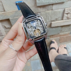 Đồng Hồ Nam Cartier Automatic Lộ Cơ - Lịch Ngày Đêm - Dây Đen Mặt Trắng Vuông 42mm