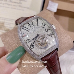 Đồng Hồ Nam Franck Muller Automatic Lộ Cơ Đính Full Pha Lê Điểm Số Mốc Giờ Dây Nâu Silver 42mm