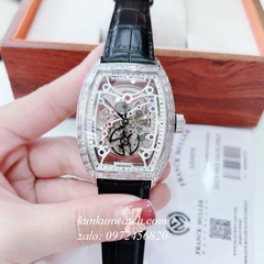 Đồng Hồ Nam Franck Muller Automatic Lộ Cơ Viền Pha Lê Kim Nhỏ Chạy Giây Dây Đen Silver 42mm 1