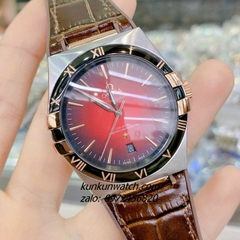 Đồng Hồ Nam Omega Constellation Automatic Niềng Số La Mã Dây Nâu Mặt Đen Đỏ Silver 40mm
